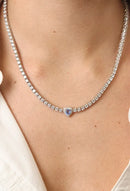 Colar Riviera 4 Garras - 3mm, Zircônia Branca Com Pingente Coração Tanzanita | 43 cm