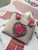 Conjunto Coração com Zircônia Lilás e Fusion Light Pink em Prata 925 Banho de Ródio Branco