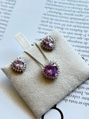 Conjunto Coração Zircônia Cristal e Lilás em Prata 925 Banho de Ródio Branco