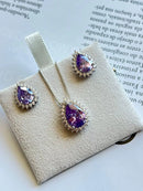 Conjunto Gota Com Zircônia Cristal e Lilás em Prata 925 Banho de Ródio Branco