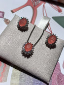 Conjunto Mini Oval Fusion Laranja e Zircônia Cristal em Prata 925 Banho de Ródio Branco