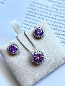 Conjunto Redondo com Zircônia Lilás e Cristal em  Prata 925 Banho de Ródio Branco