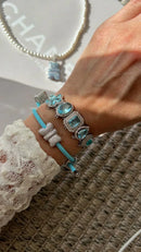 Pulseira Inox Gravatinha Colorida Azul com Ted Zircônia Cristal em Banho de Ródio Branco